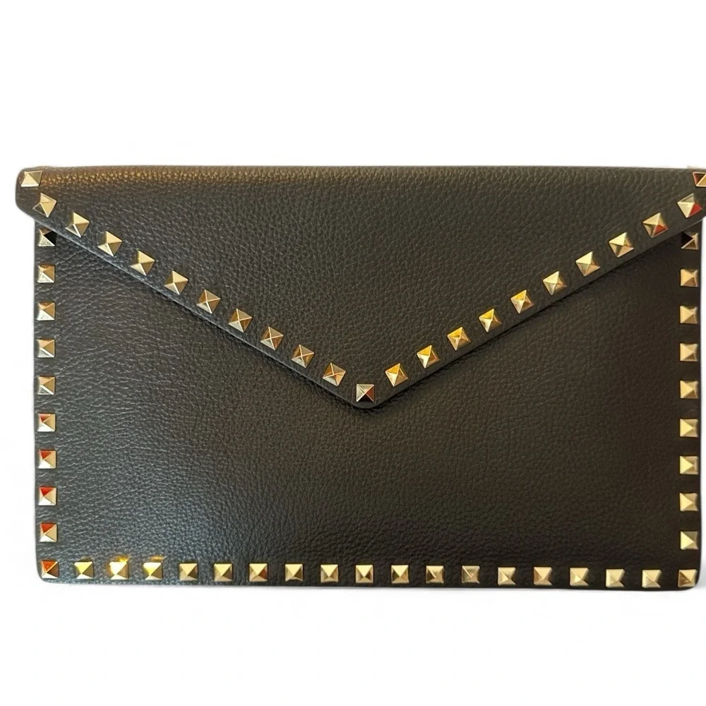 Valentino Garavani Large Black Pebbled Leather Clutch